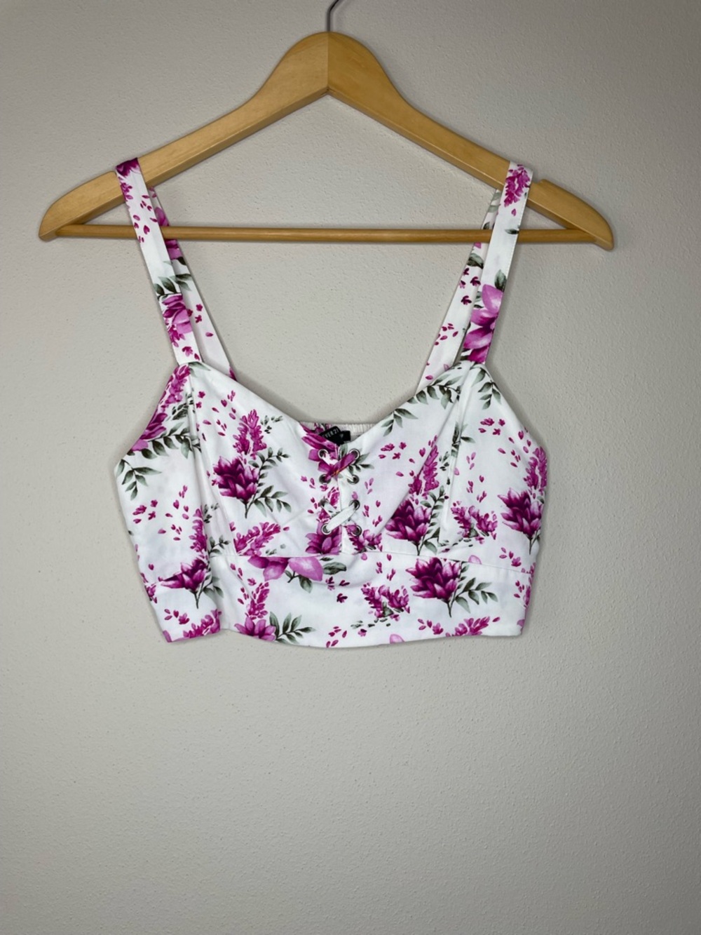 Forever 21 Floral Pink and White Crop Top Lace-up Front Elasticized Back